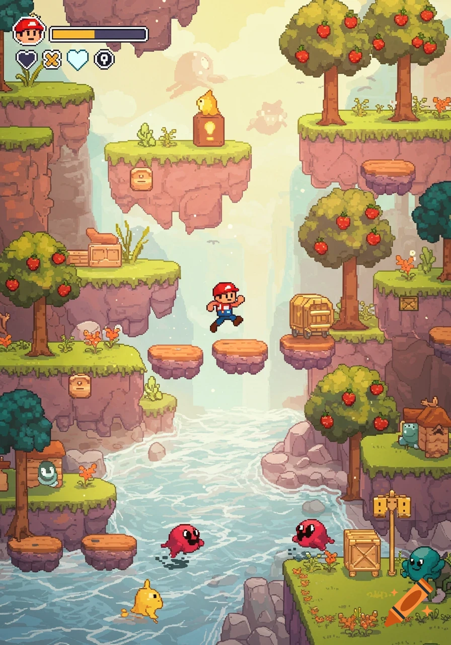 Pixel art game level with a jumping character, floating islands, a river, trees, and cartoon enemies.