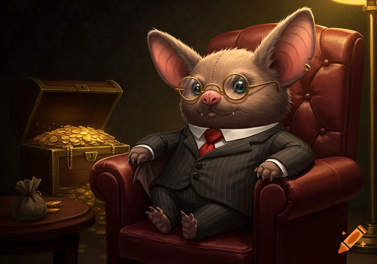 A cute, fluffy bat in a pinstripe suit and round glasses sits in a red armchair next to a treasure chest overflowing with gold coins.