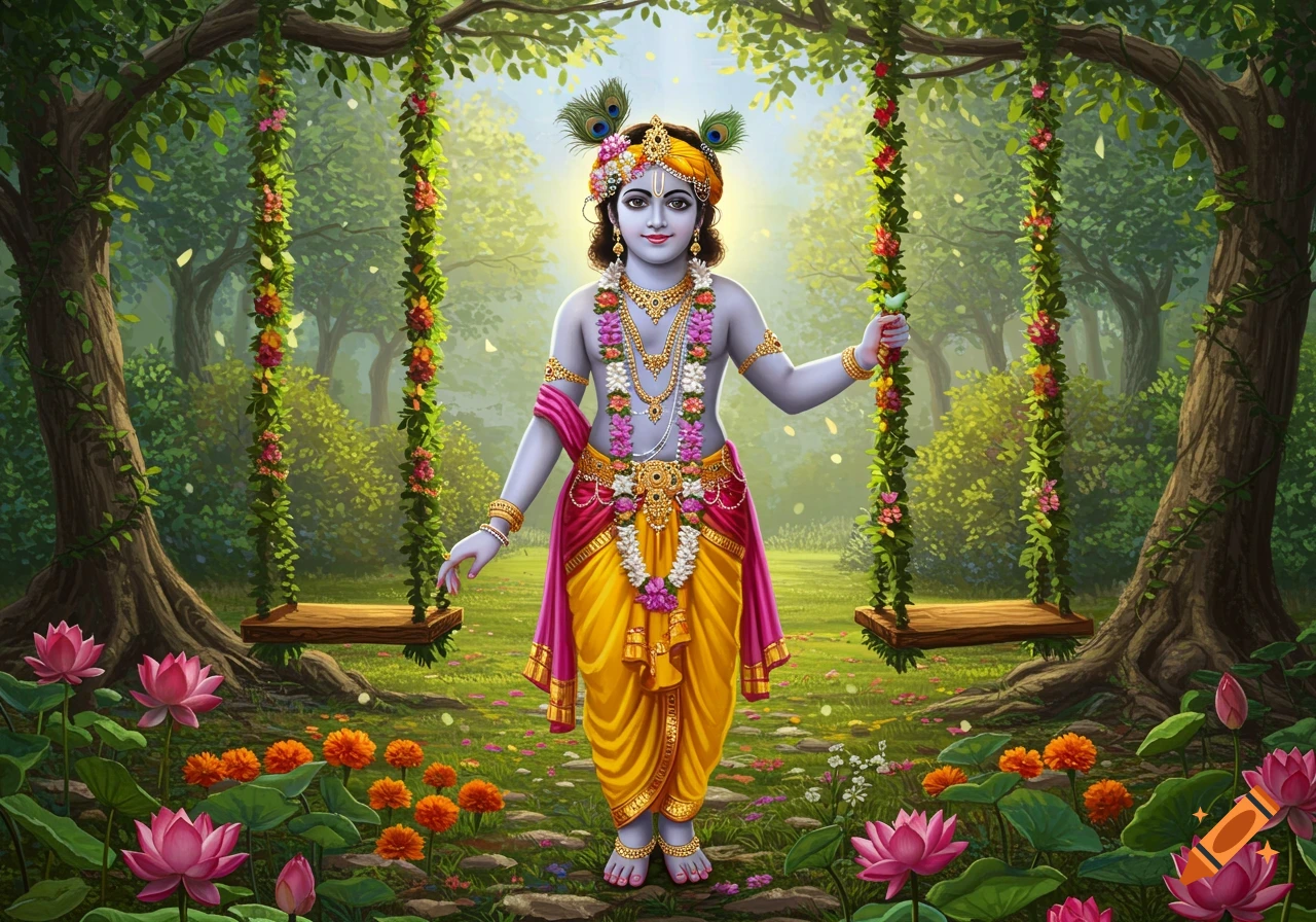 Young Lord Krishna with blue skin and yellow dhoti stands in a lush garden with lotus flowers and decorated swings.