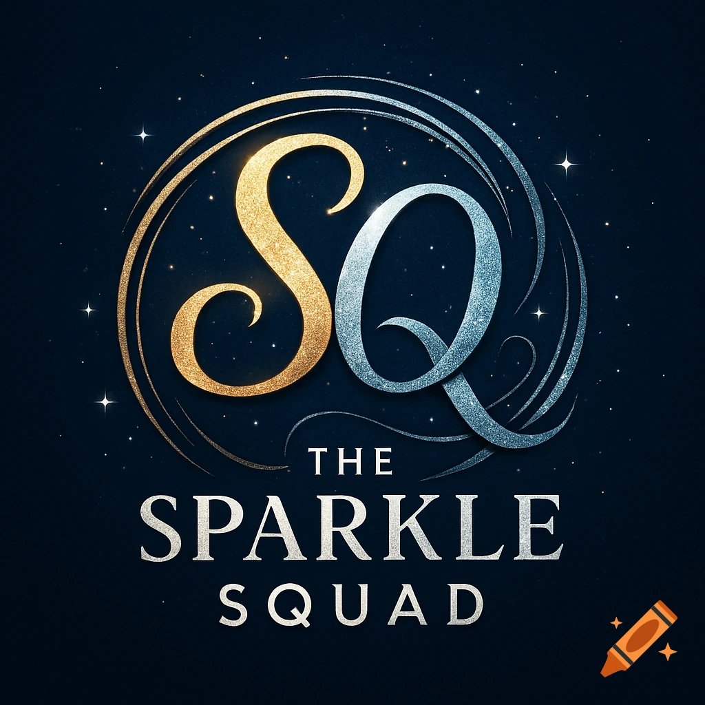 A sparkling logo with gold 'S' and silver 'Q' initials above the words 'THE SPARKLE SQUAD' on a dark blue background with stars.