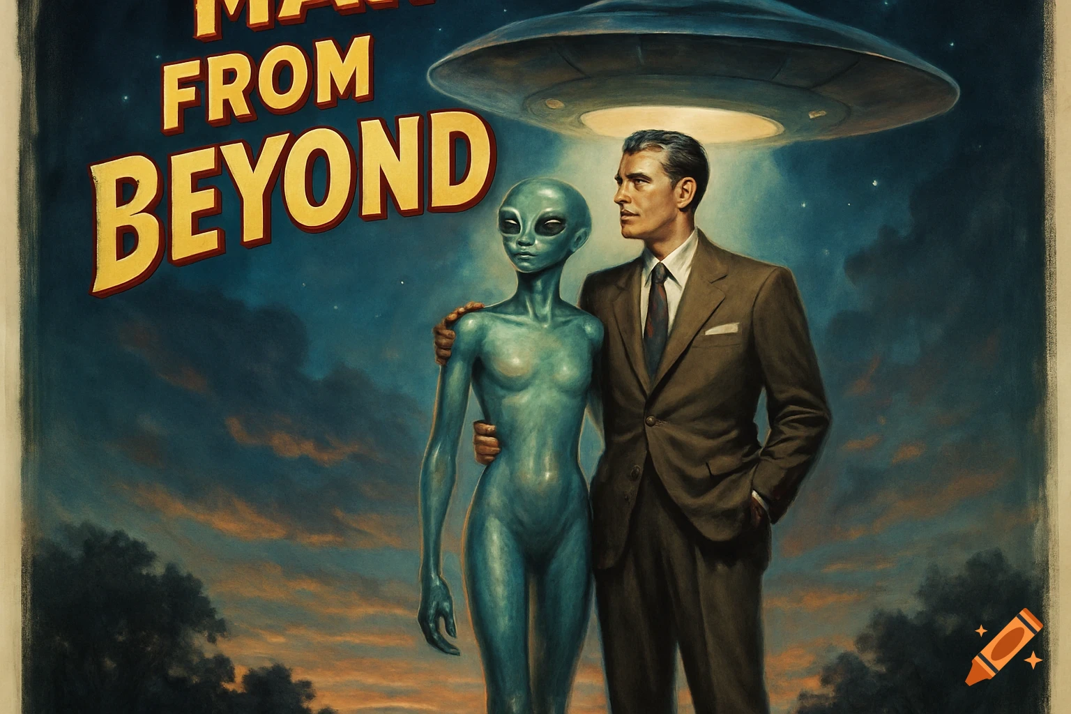 A vintage 1950s movie poster shows a man in a suit with his arm around a grey alien, standing in front of a flying saucer at dusk. Text reads "MAN FROM BEYOND".