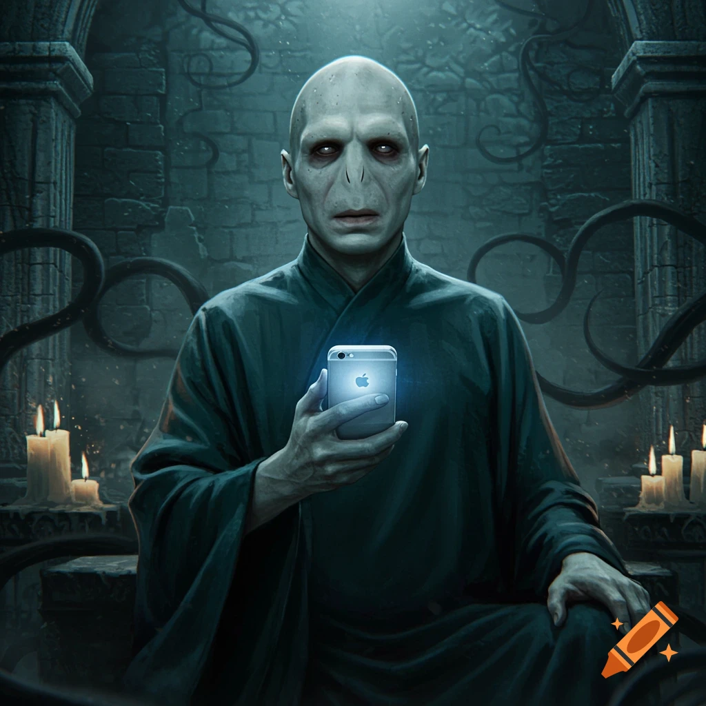 Lord Voldemort, the bald, pale wizard, sits in a dark, ancient stone chamber with candles, holding a glowing iPhone 6s.