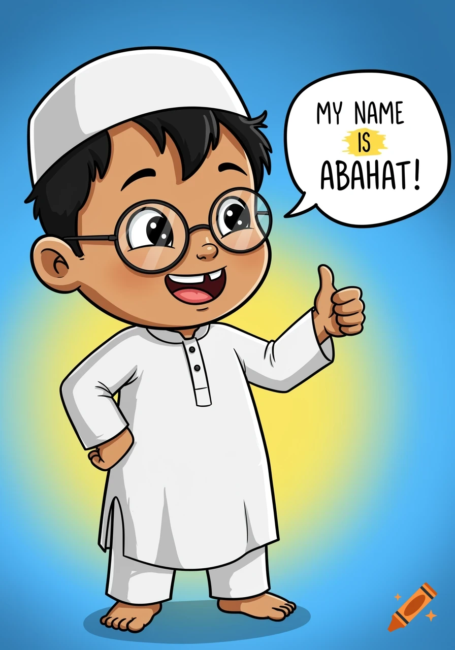 A smiling cartoon boy with glasses and a tooth gap, wearing an Islamic thobe and hat, gives a thumbs-up and says "MY NAME IS ABAHAT!" in a speech bubble.