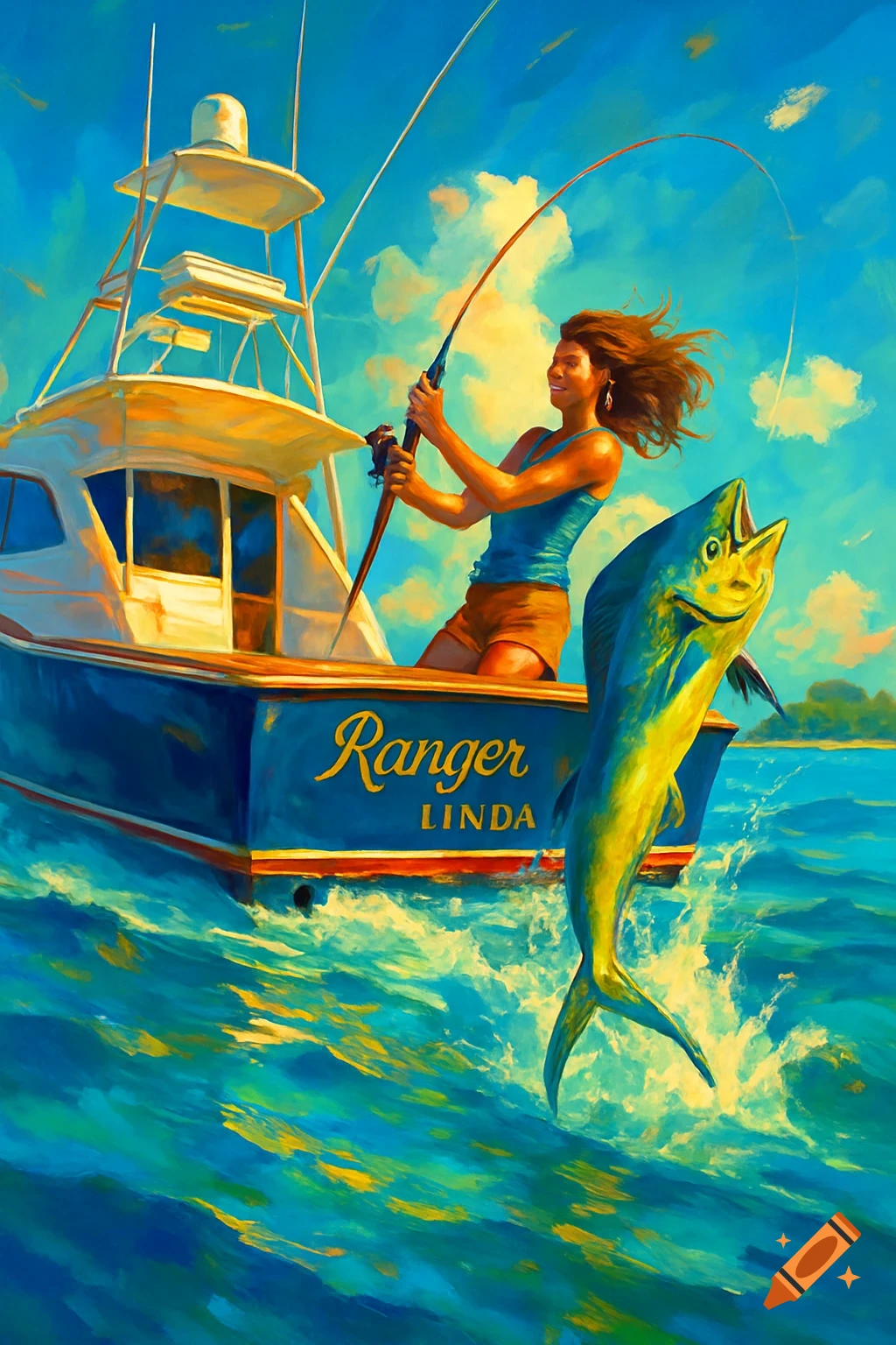 A woman on a boat named 'Ranger Linda' reels in a jumping mahi-mahi fish, painted in a vibrant, stylized manner.