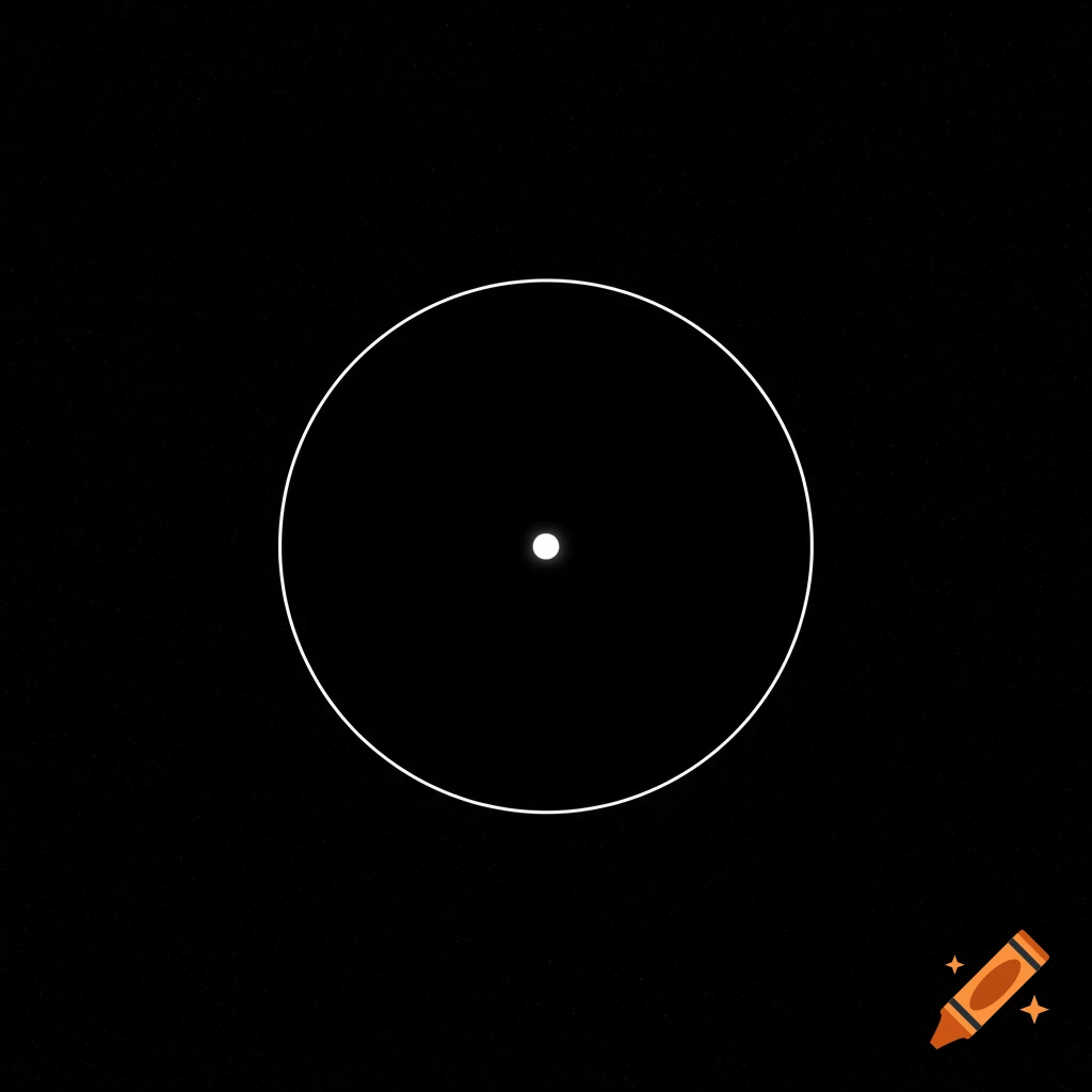 A minimalist white circle with a glowing white dot at its center, set against a black background with subtle star-like speckles.