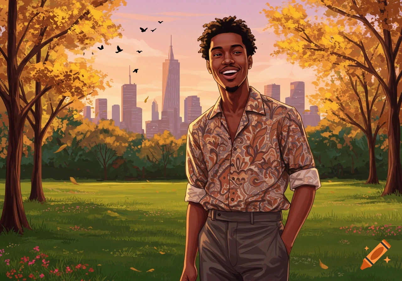 An illustrated smiling Black man stands in a park with autumn trees and a city skyline.