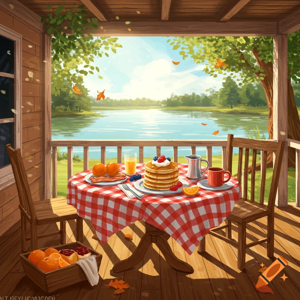 A vibrant illustration of breakfast on a porch overlooking a sunny lake with trees. Pancakes, bacon, fruit, and drinks are on a checkered tablecloth.