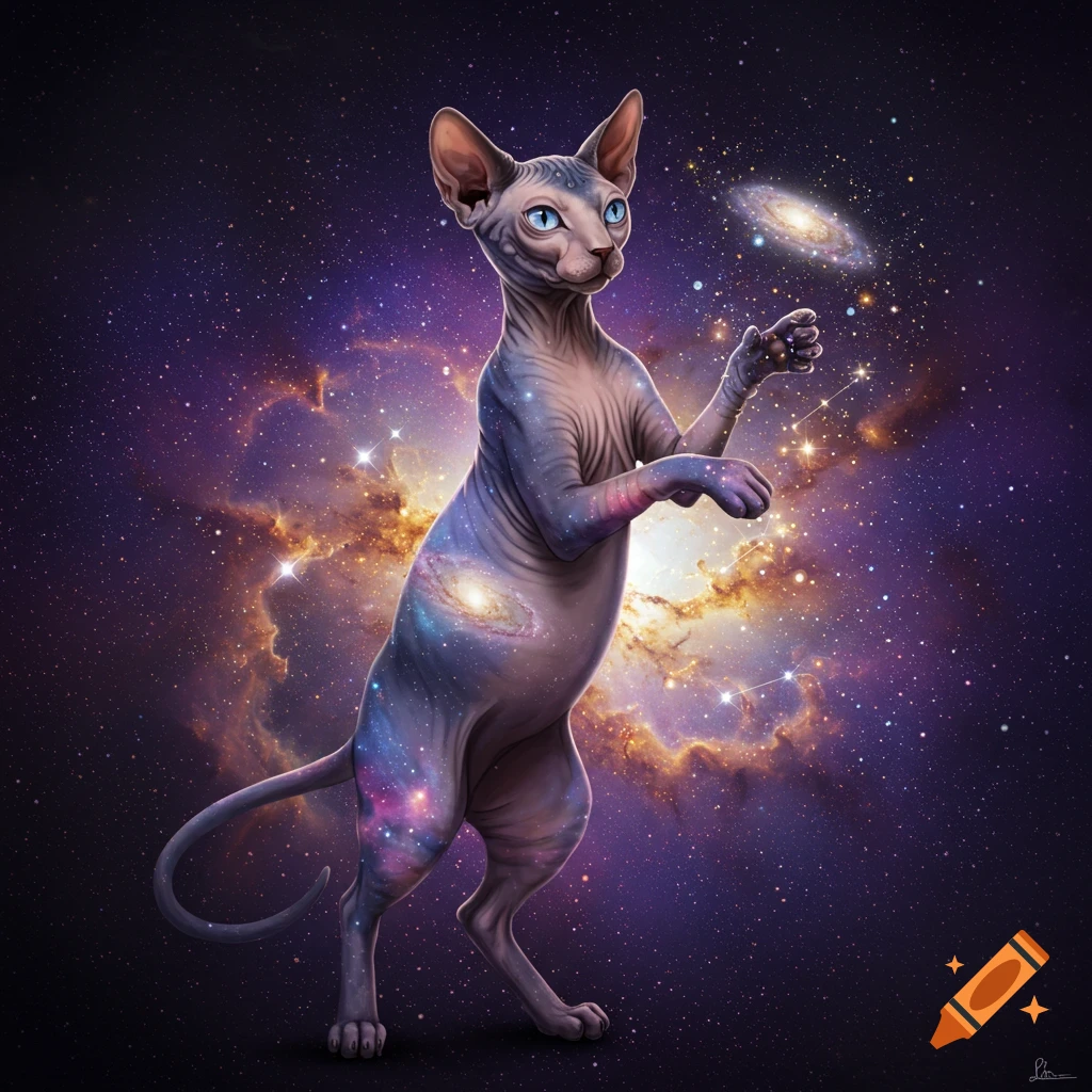 A cosmic Sphynx cat with galaxies on its body stands in a star-filled nebula, gesturing towards a floating galaxy.