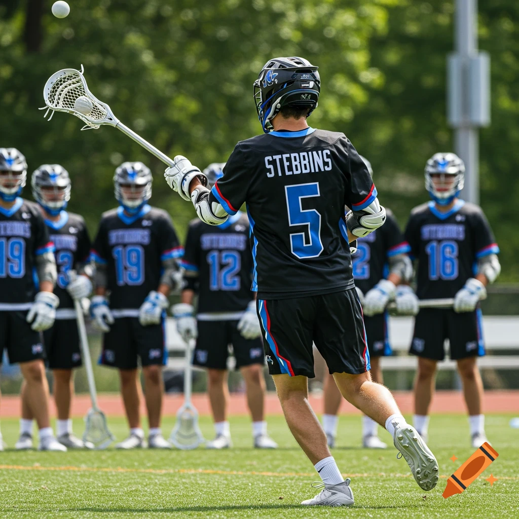 A male lacrosse player in a black jersey with "STEBBINS" and "5" on the back shoots a ball on a green field.