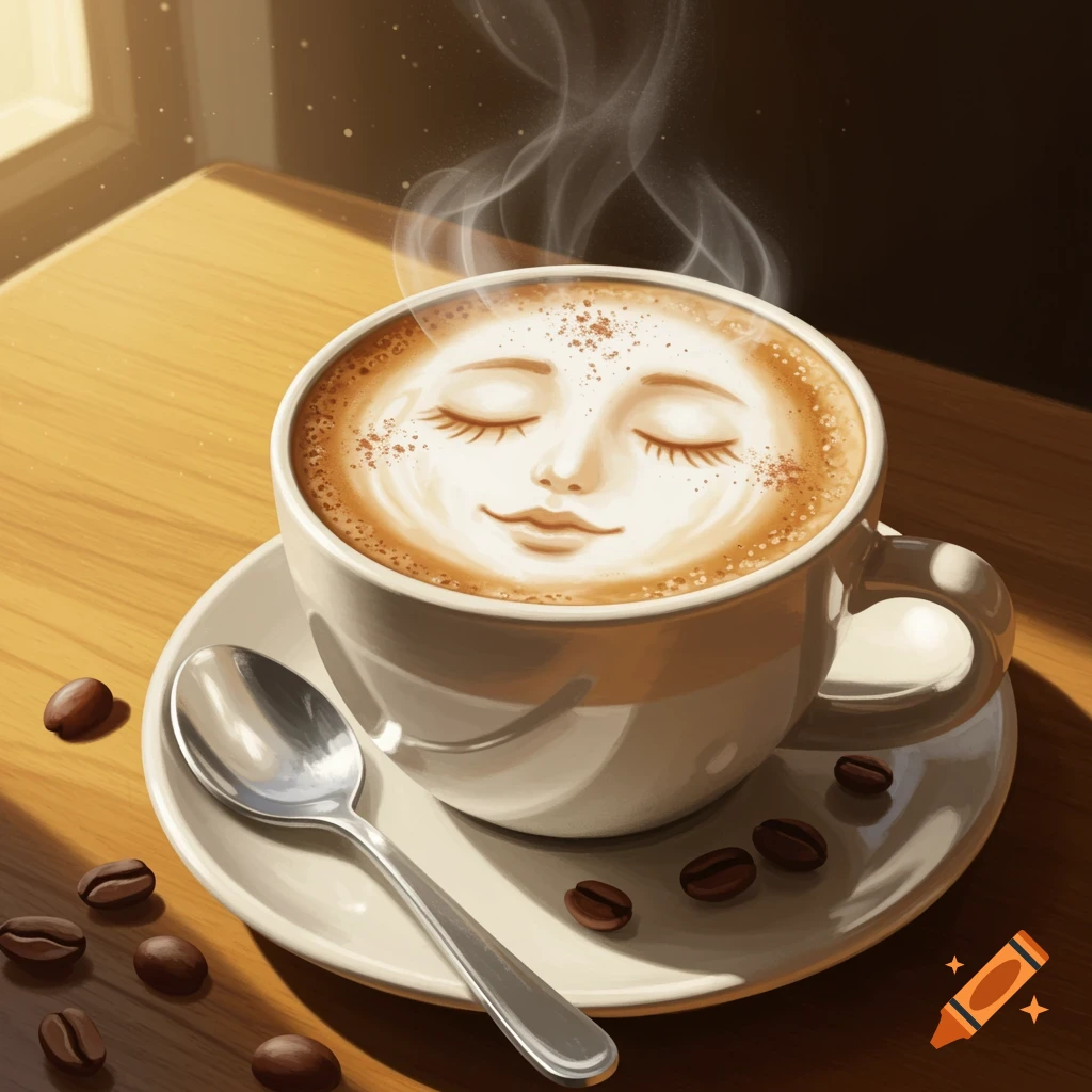 A close-up of a cup of coffee with latte art depicting a serene face, surrounded by coffee beans on a wooden table.