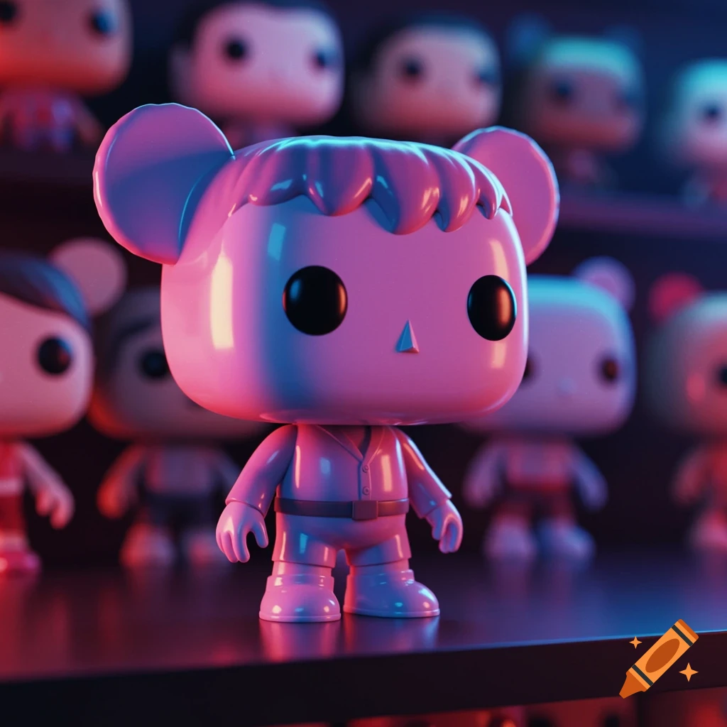 A pink and blue lit Funko Pop figure with a hair-like top stands on a shelf, with other blurred figures in the background.