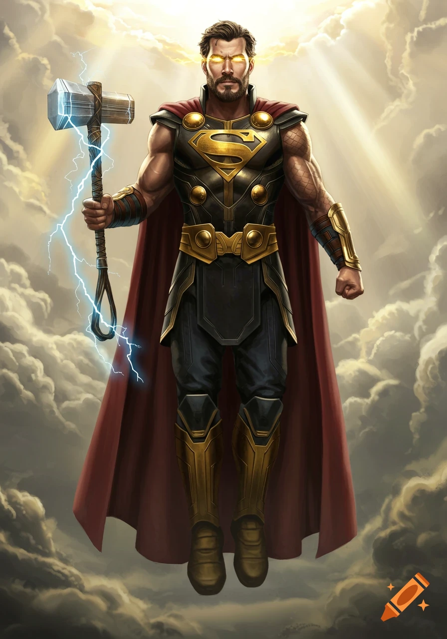 A bearded, muscular Superman-Thor hybrid in gold and black armor with a red cape, glowing eyes, holds Stormbreaker amidst clouds and light.