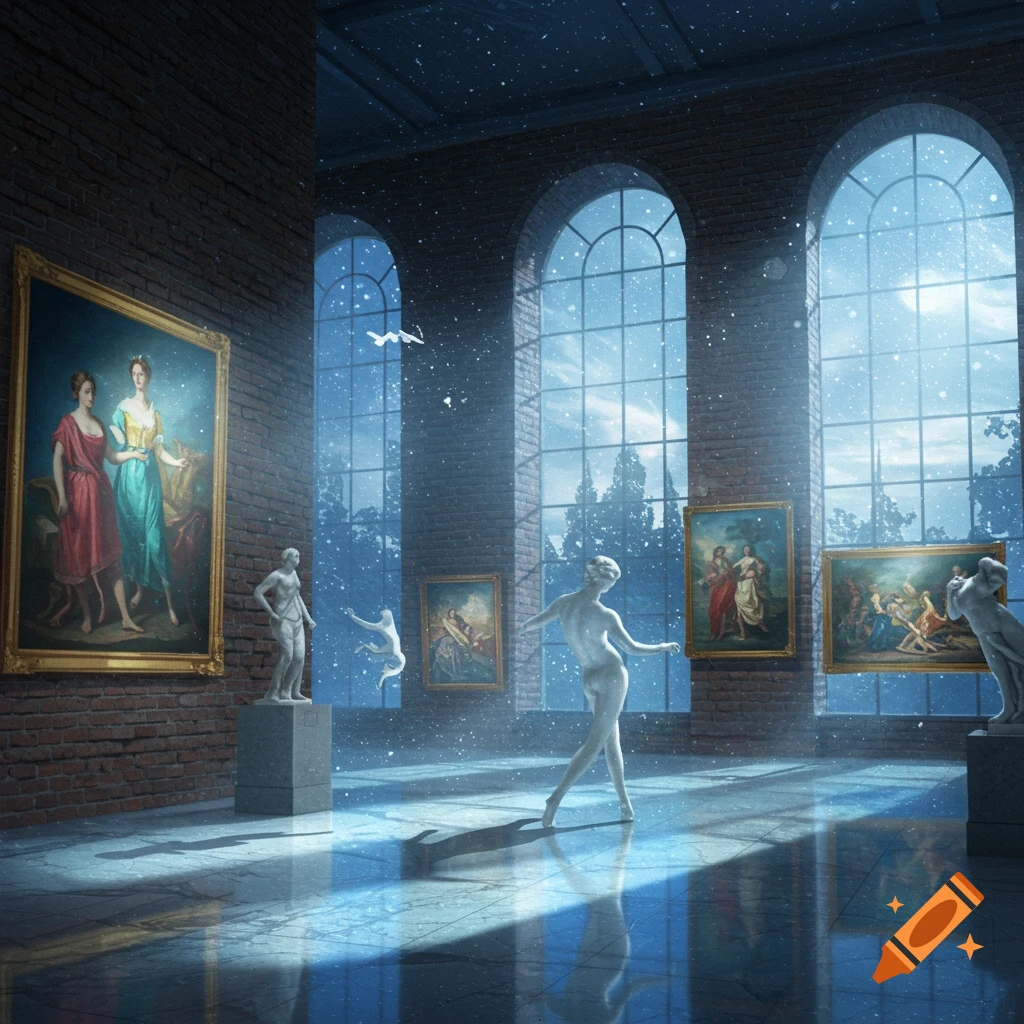 A dreamlike moonlit art museum at night, with classical paintings and sculptures bathed in light, and sparkling particles in the air.