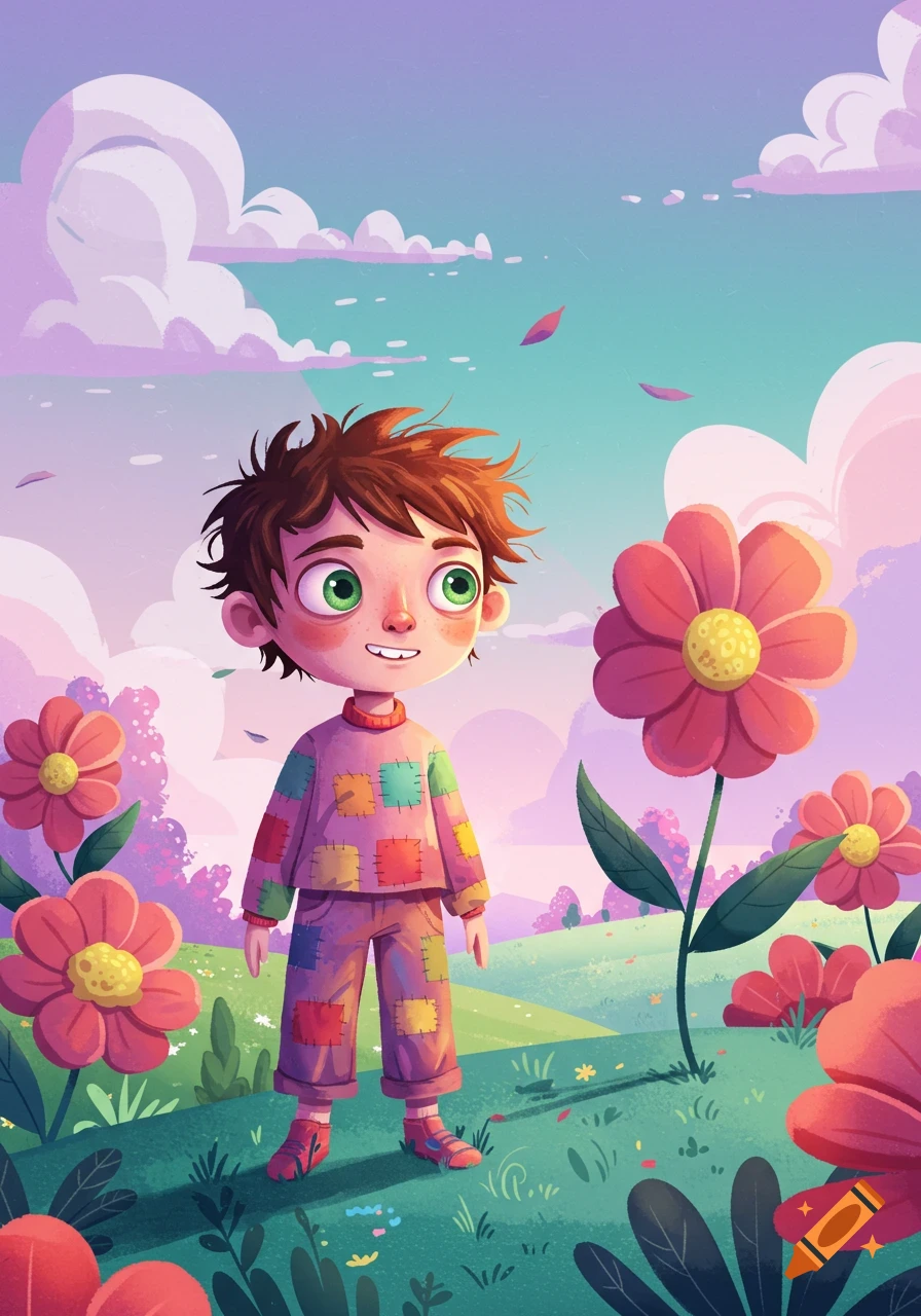 An illustration of a boy with messy brown hair and green eyes, wearing a colorful patchwork outfit, standing in a field of large pink flowers under a pastel sky.