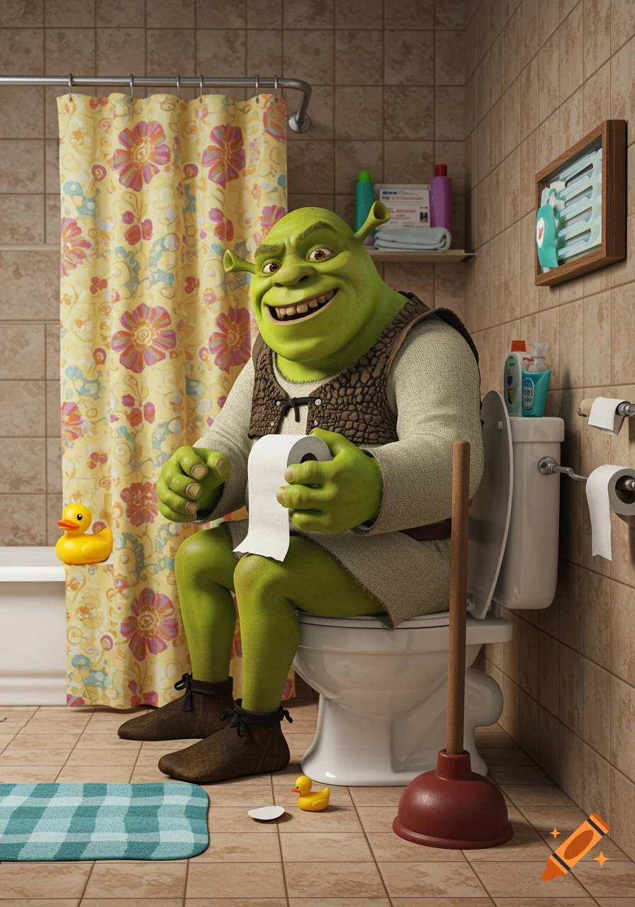 A cartoon-style green ogre resembling Shrek sits on a toilet in a colorful bathroom, holding toilet paper and smiling.