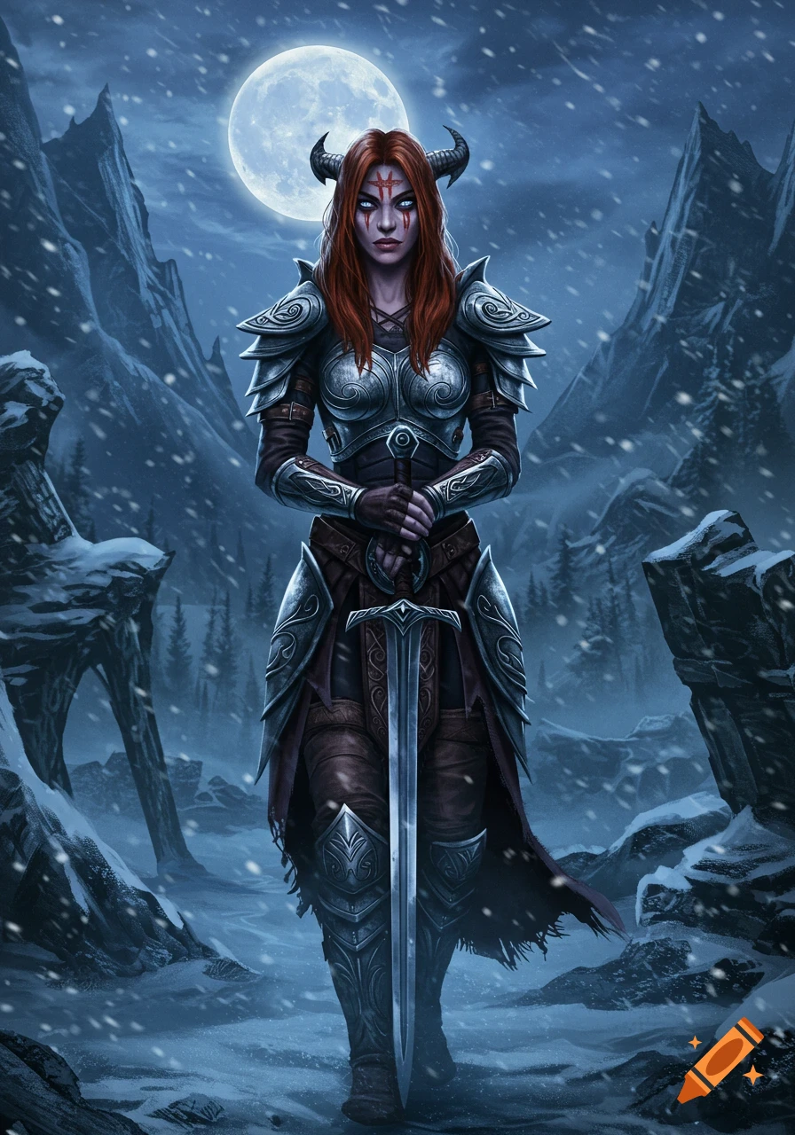 A red-haired female warrior in armor with horns stands in a snowy mountain landscape under a full moon, holding a sword.