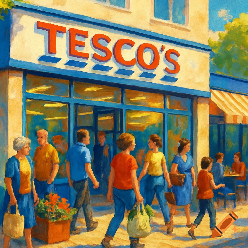 A painting of people walking outside a TESCO'S supermarket on a sunny day.
