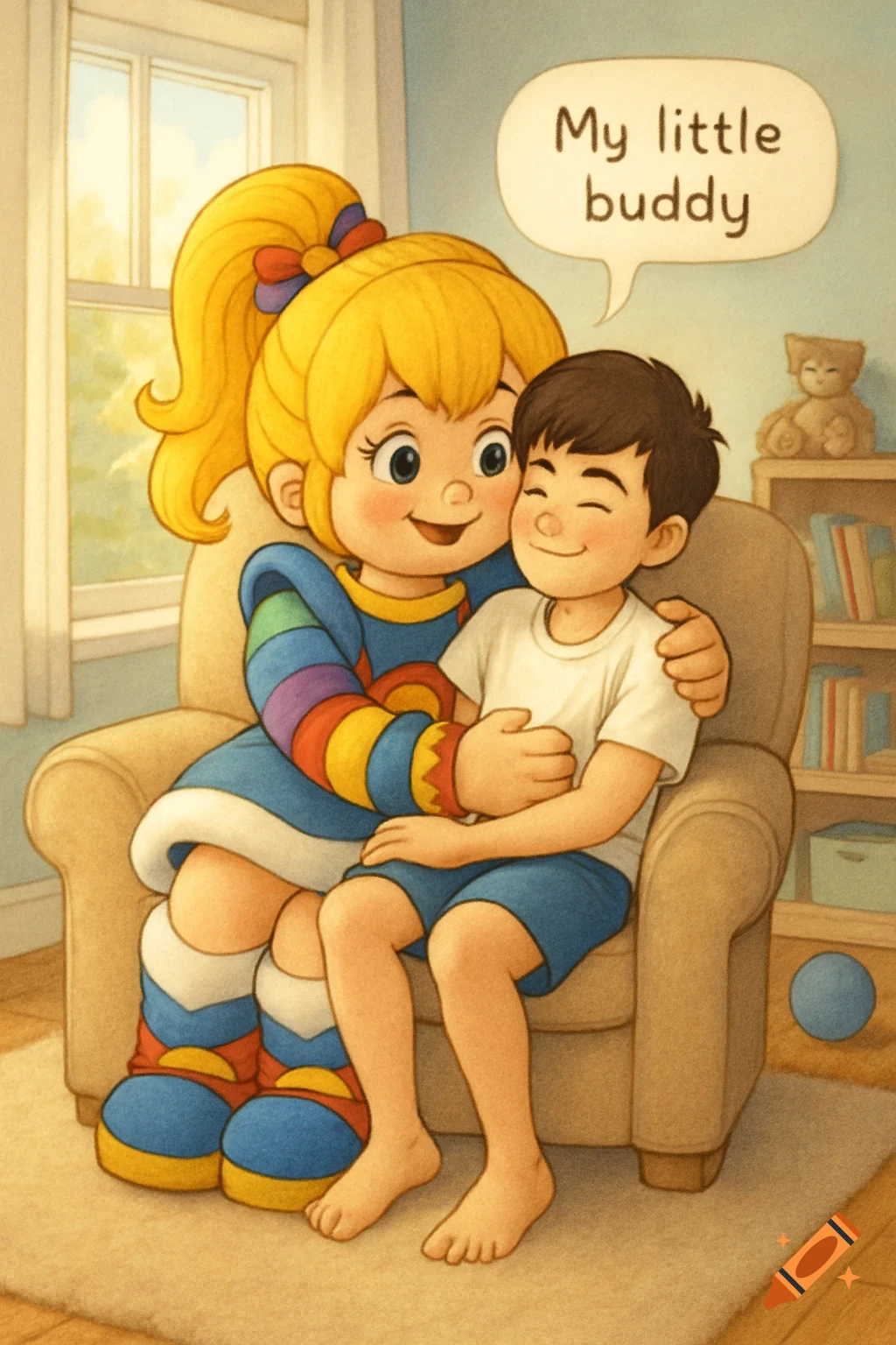 A large, blonde Rainbow Brite-like character in a rainbow-striped dress hugs a small boy on a chair. A speech bubble reads 'My little buddy'. Children's illustration style.