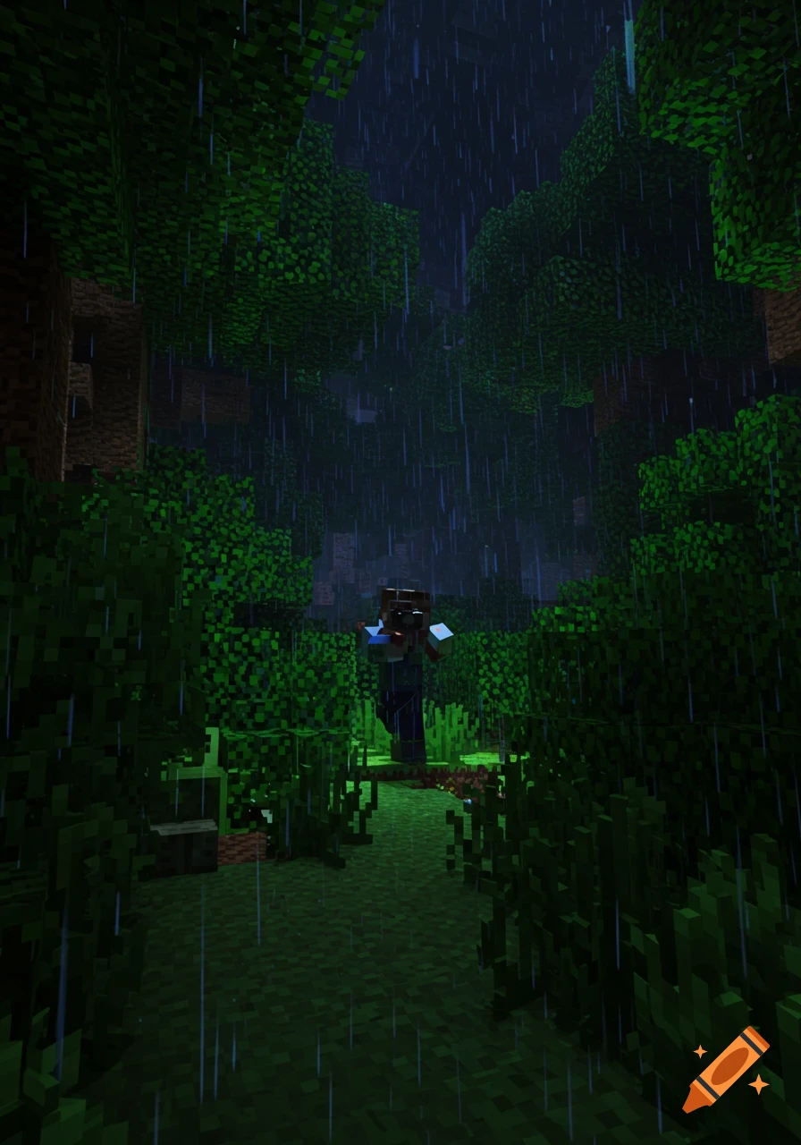 A Minecraft character runs through a dark, rainy forest at night, appearing scared.