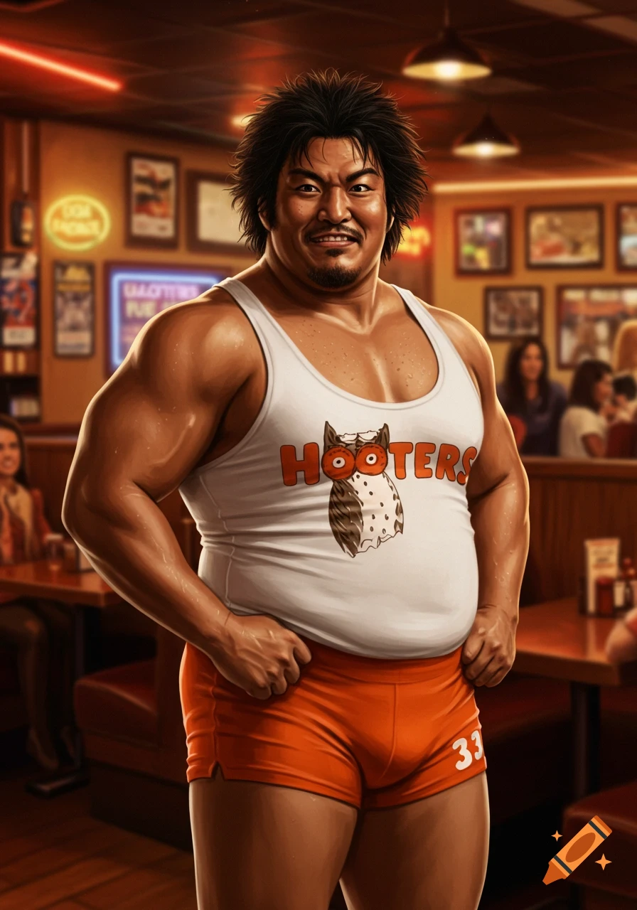 A digital illustration of a muscular man wearing a white Hooters tank top and orange shorts, standing in a Hooters restaurant.