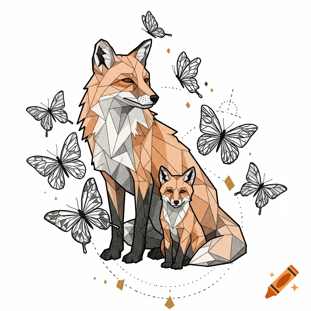 A stylized geometric illustration of a mother fox and her cub, surrounded by several geometric butterflies, with subtle gold accents.