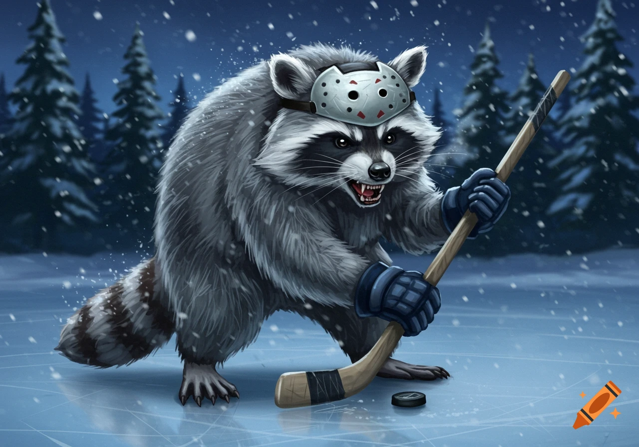 A fierce raccoon wearing a hockey mask and holding a hockey stick on an icy rink under falling snow.