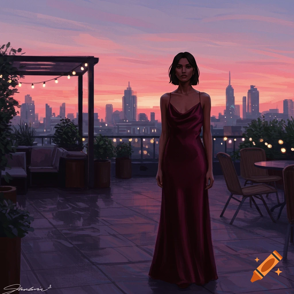 A woman in a red dress stands on a rooftop overlooking a city skyline at sunset, in a painterly style.