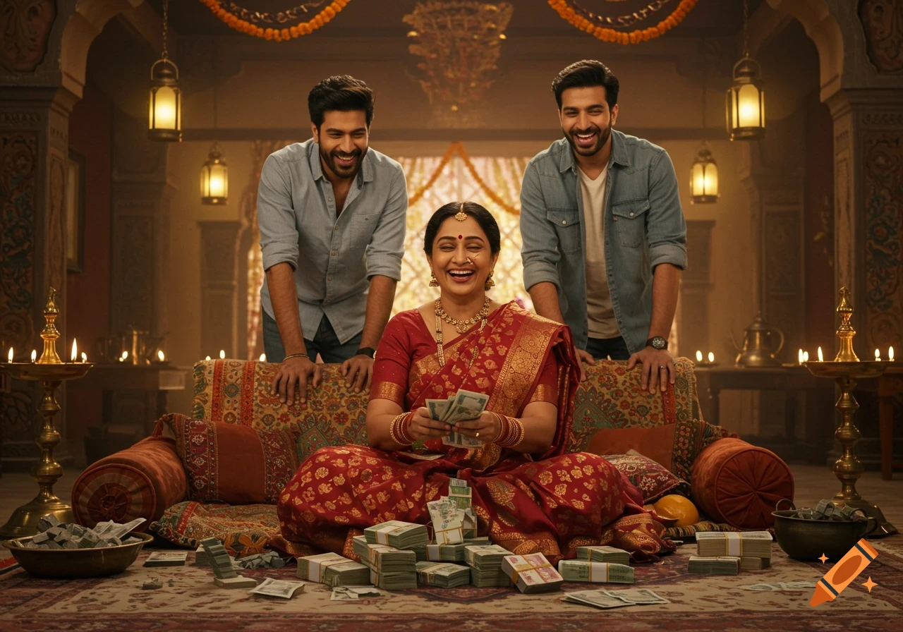 A happy Indian woman in a red saree sits surrounded by bundles of money, smiling, with two men standing behind her in a decorated indoor setting.