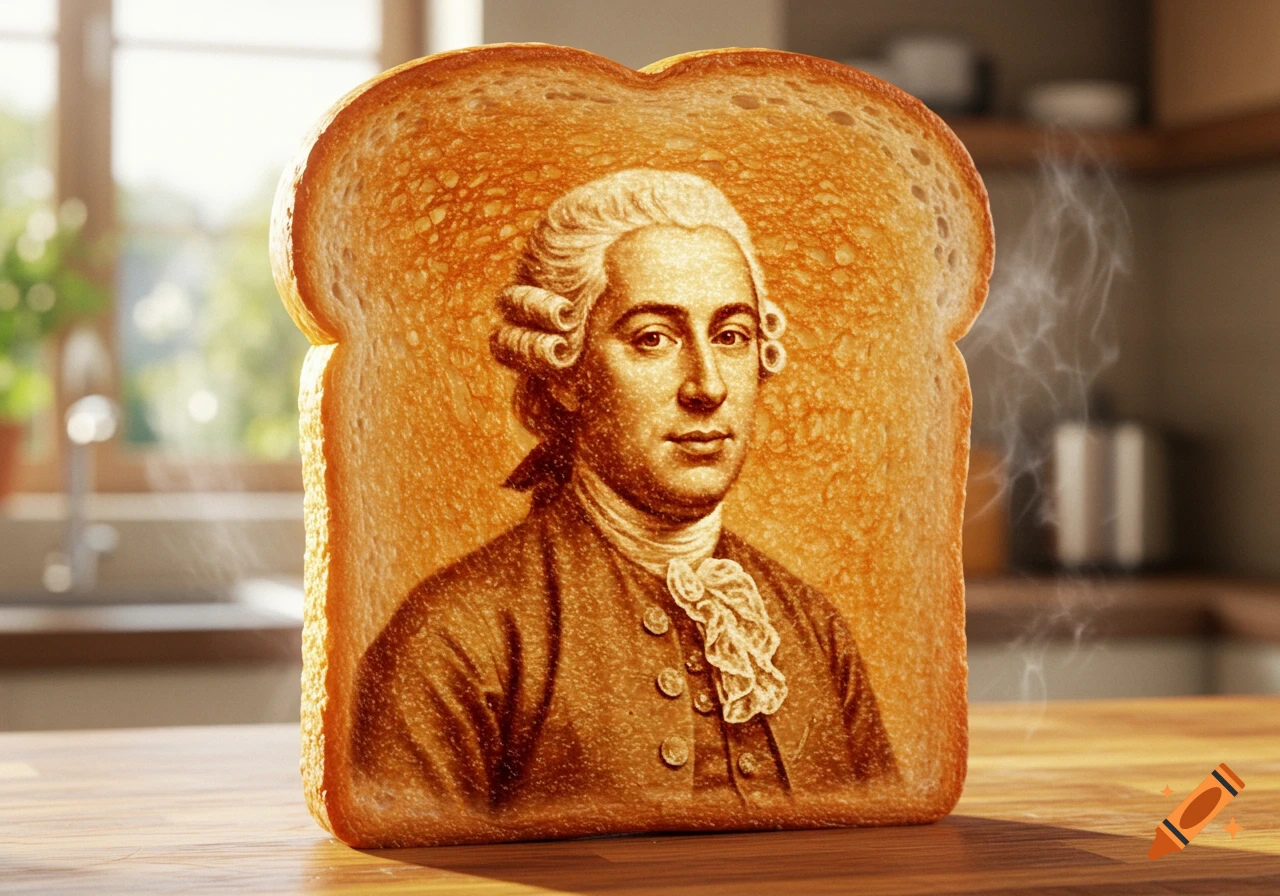 A slice of photorealistic toasted bread with the image of Joseph Ducreux burned onto it, steaming slightly on a kitchen counter.