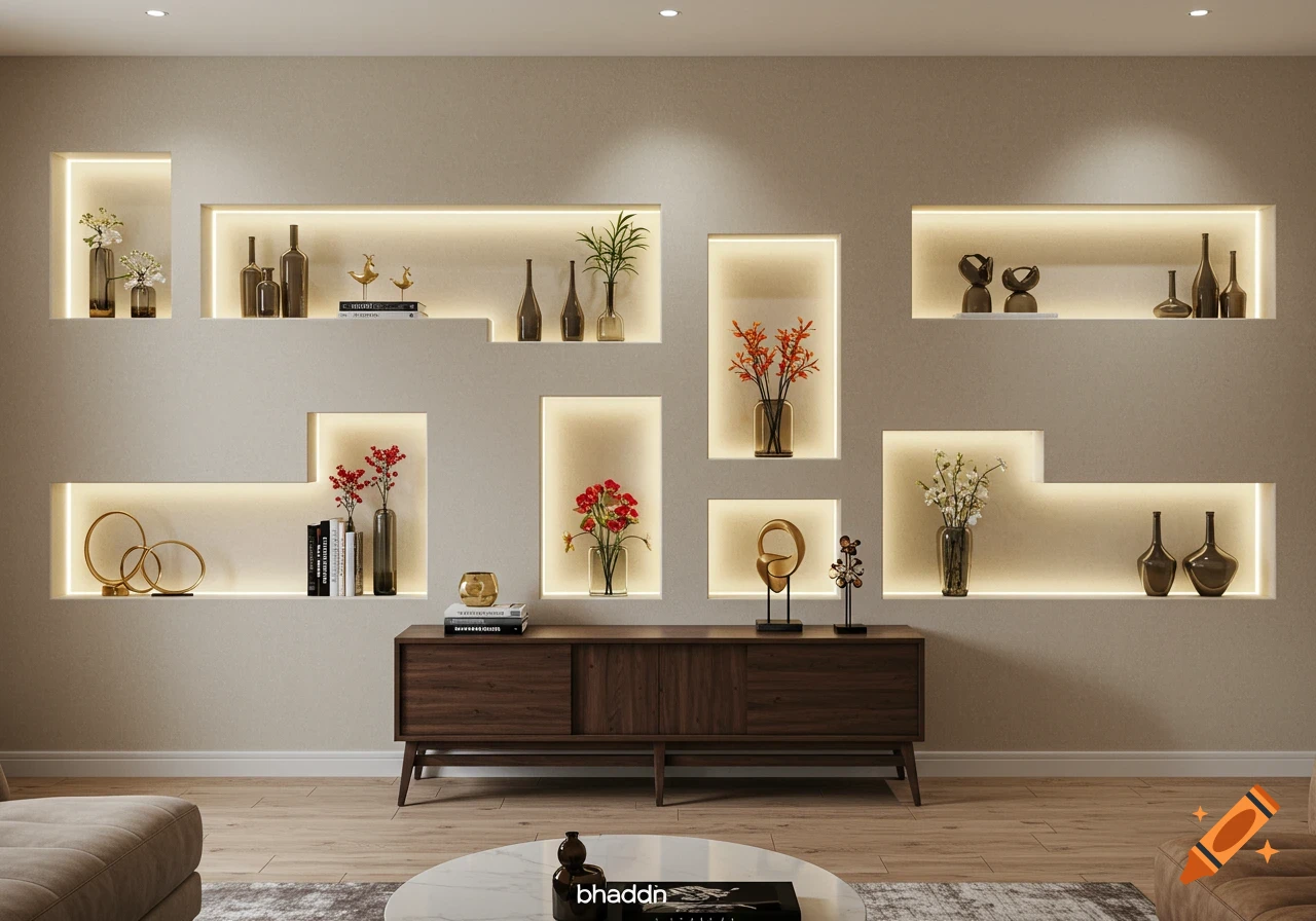 A modern living room wall features built-in illuminated niches displaying various decorative vases, plants, and sculptures above a wooden media console.