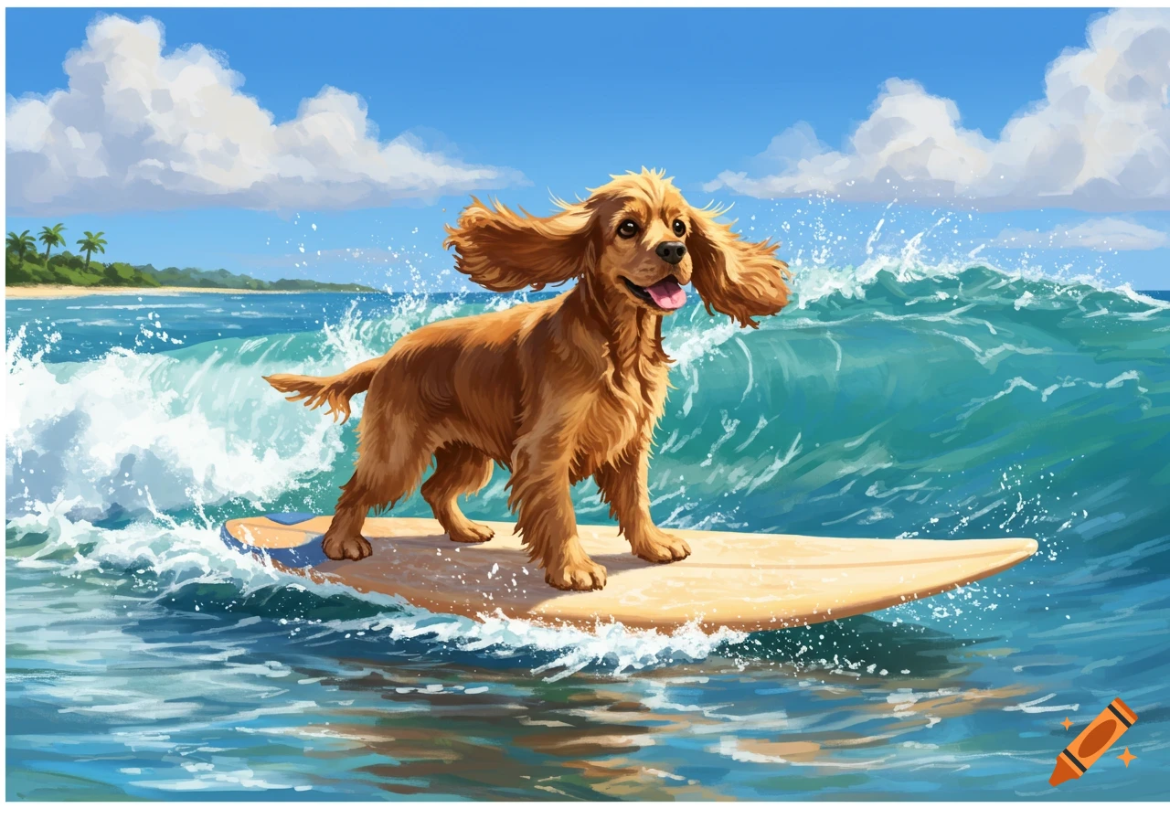 An illustrated happy cocker spaniel surfs a large wave on a sunny ocean with a beach in the background.