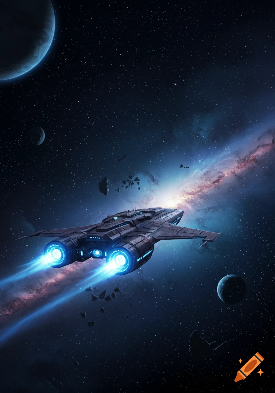 A sleek, dark spaceship with glowing blue engines flies through a star-filled galaxy with planets and asteroids.