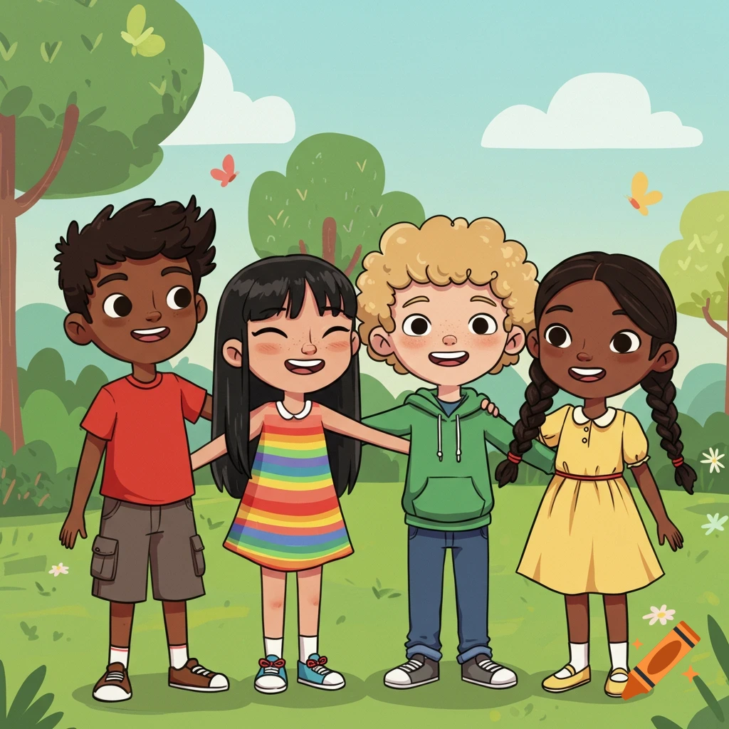 Kids Helping Others Cartoon Charaters created on Craiyon, image size:1024x1024