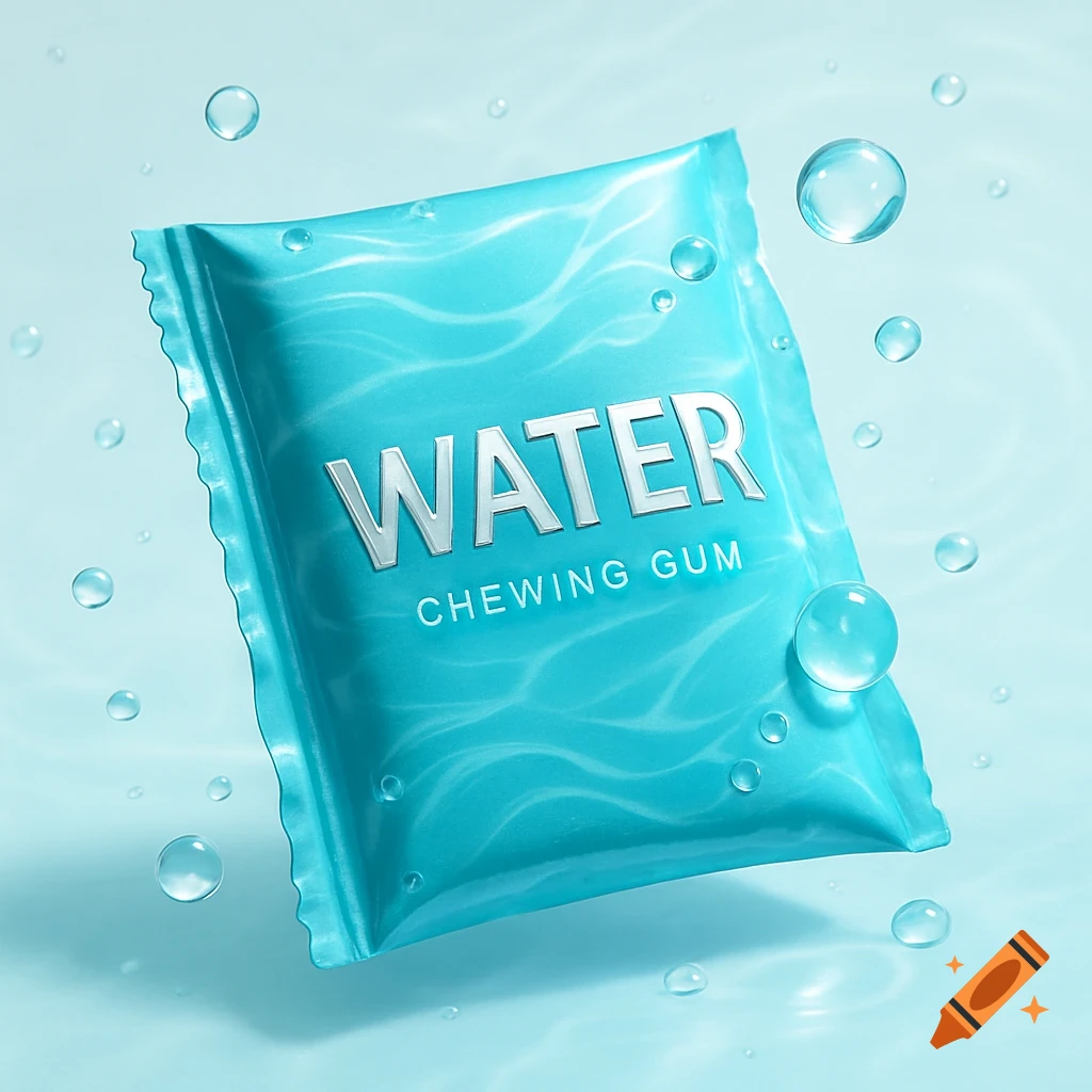A turquoise package of "WATER CHEWING GUM" with water ripples and bubbles against a light blue background.