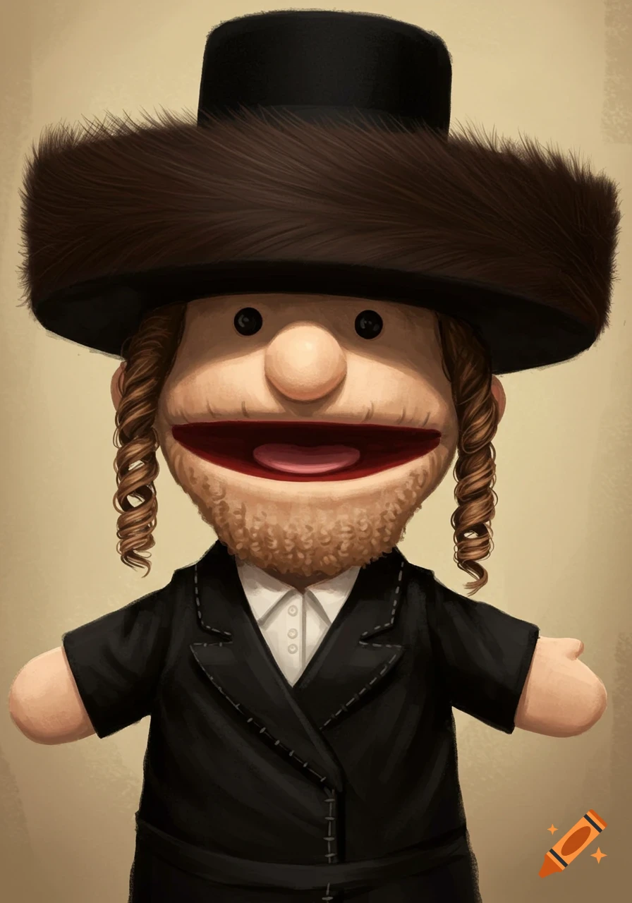 A cartoon illustration of a hand puppet resembling a Hasidic Jew, with a large fur hat, black coat, white shirt, and prominent side curls.