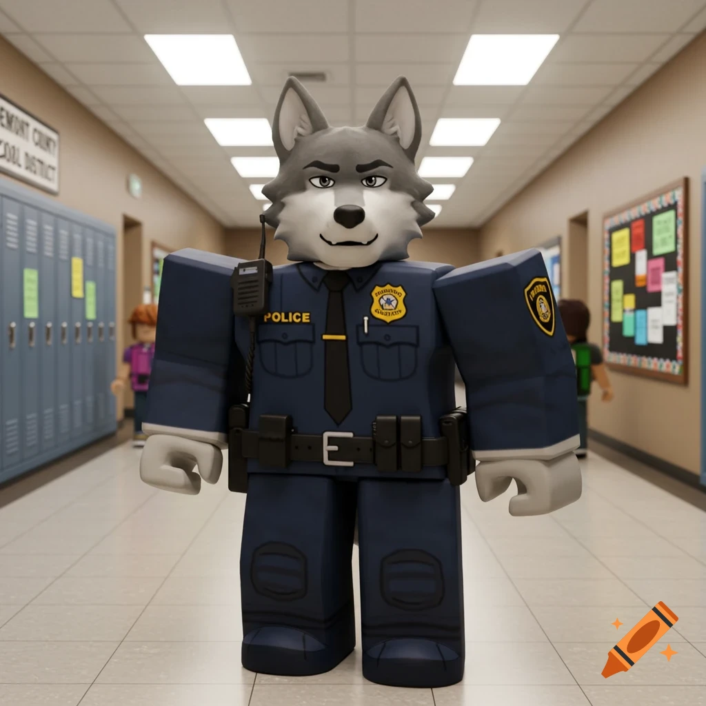 A Roblox character with a wolf head, dressed in a police uniform, stands in a school hallway with lockers and bulletin boards in the background.