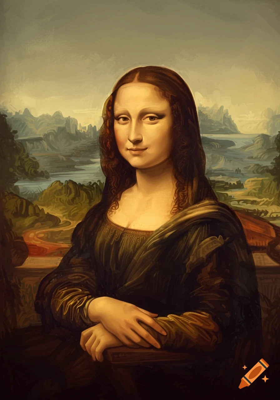 A painted portrait of the Mona Lisa, depicting a woman with a slight smile against a mountainous landscape.