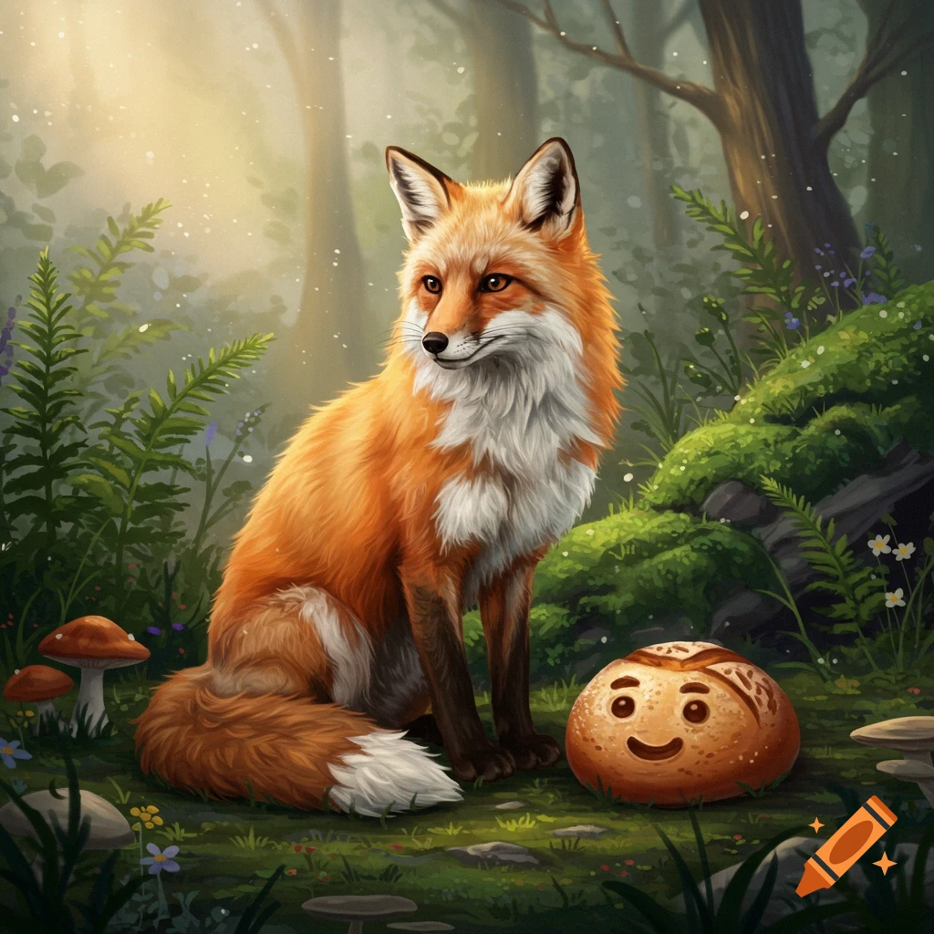 An illustrated red fox sits in a forest next to a smiling round loaf of bread, surrounded by moss, ferns, and mushrooms.