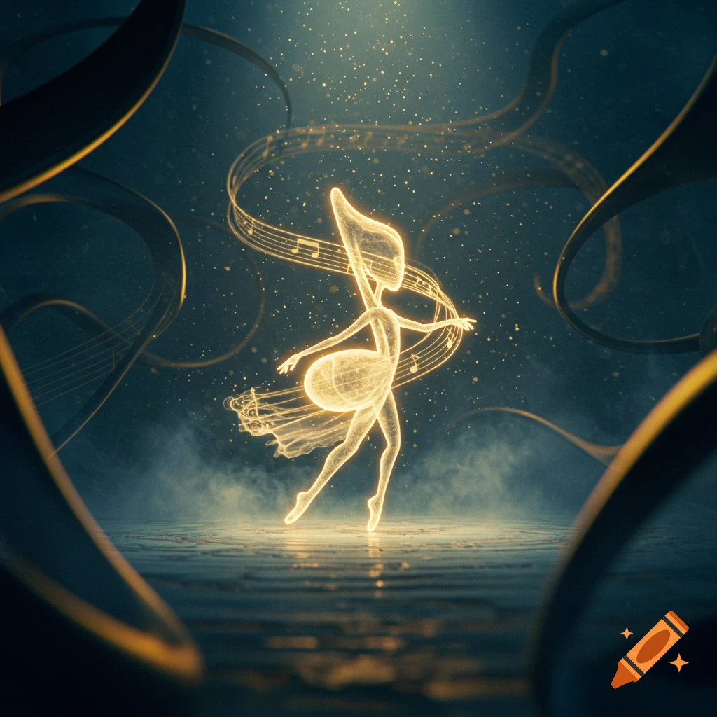 A glowing, ethereal figure made of light and musical notes dances in a dark, atmospheric space with swirling golden ribbons.