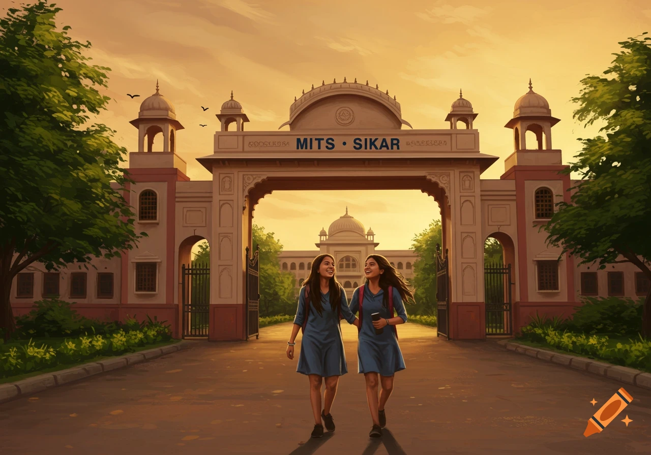 Two smiling girls walk towards the viewer under a large college gate with "MITS SIKAR" written on it, set against a golden sky with green trees.