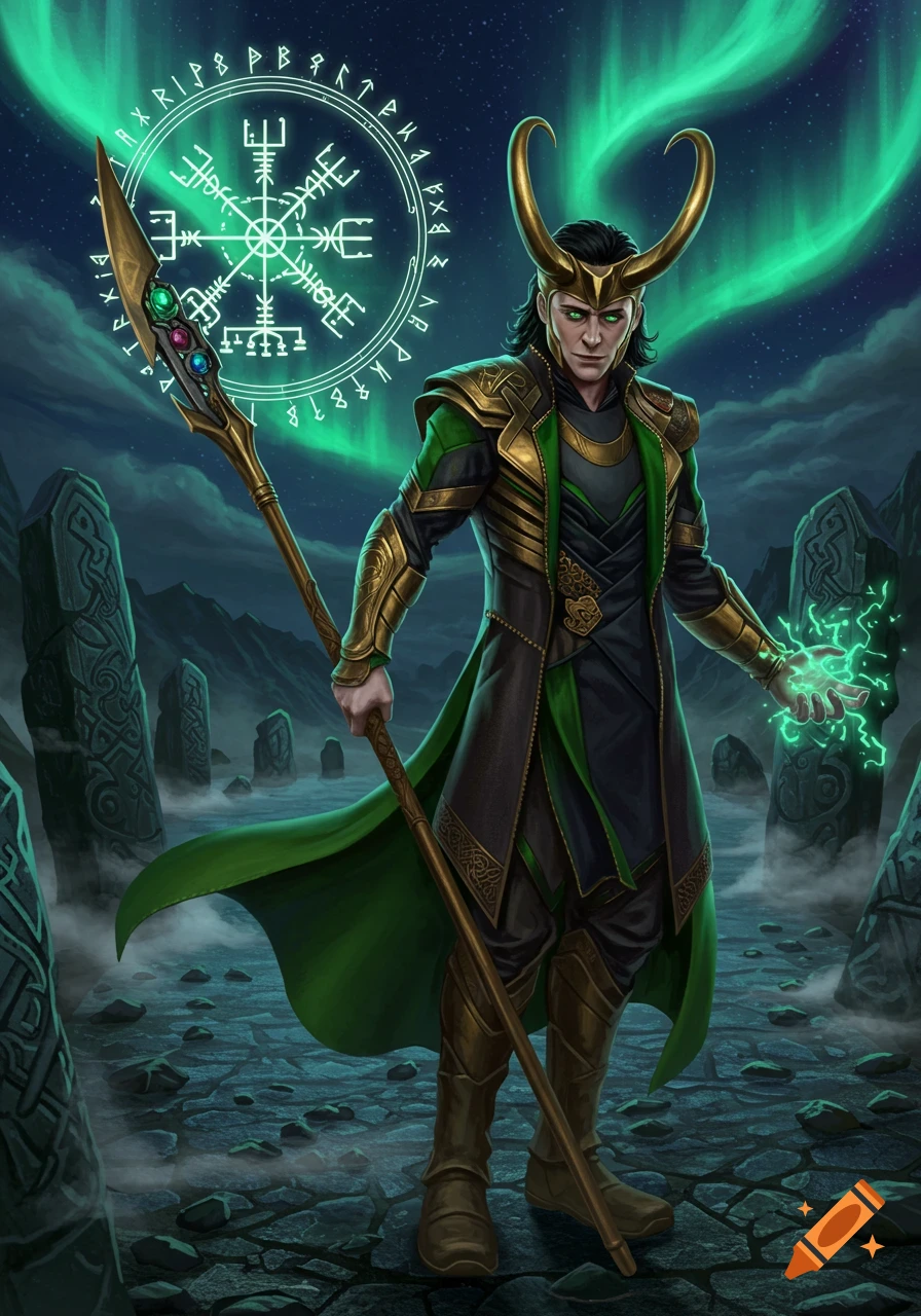 Loki in green and gold armor with horned helmet, staff, and green magic, under a glowing Vegvisir symbol and aurora.