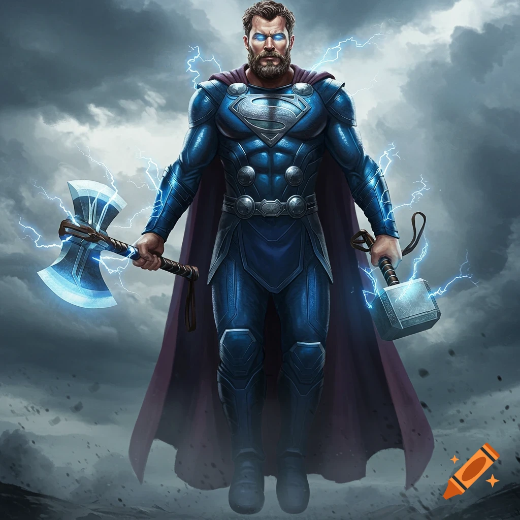 A bearded man in blue armor with a Superman logo, wielding a glowing axe and Thor's hammer, surrounded by lightning against a stormy sky.