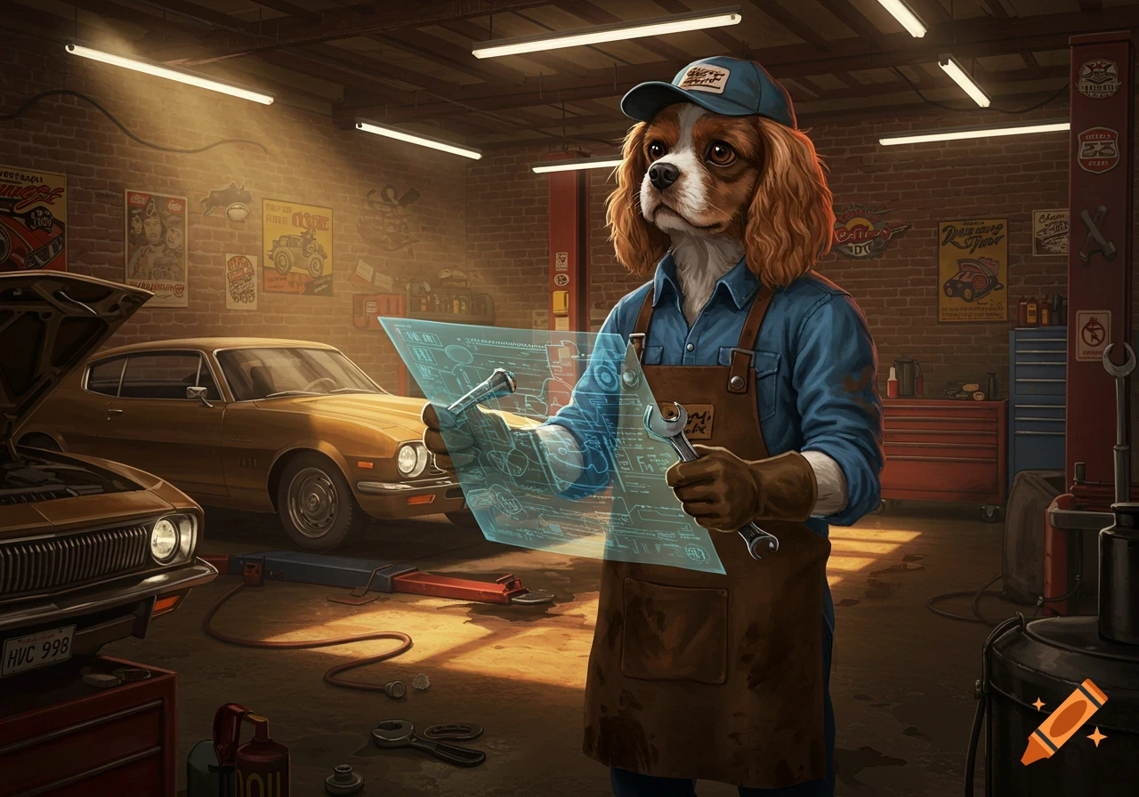 An anthropomorphic King Charles Spaniel dog dressed as a mechanic, holding a wrench and a glowing holographic blueprint in a garage with vintage cars. Photorealistic style.