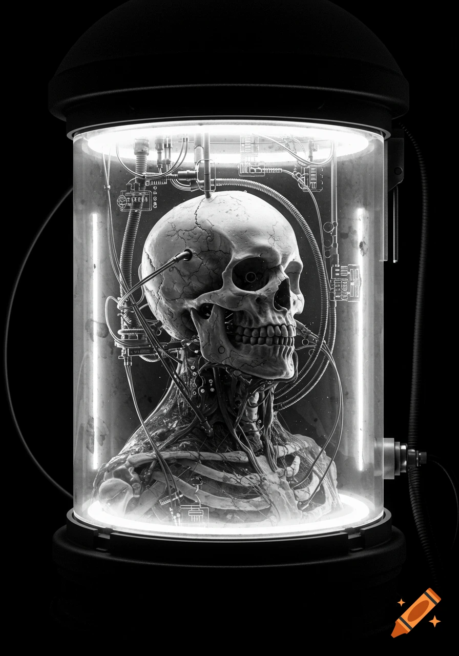 High contrast black and white portrait of a detailed human skull and exposed ribcage in a glowing cryogenic case, with cables and circuits.