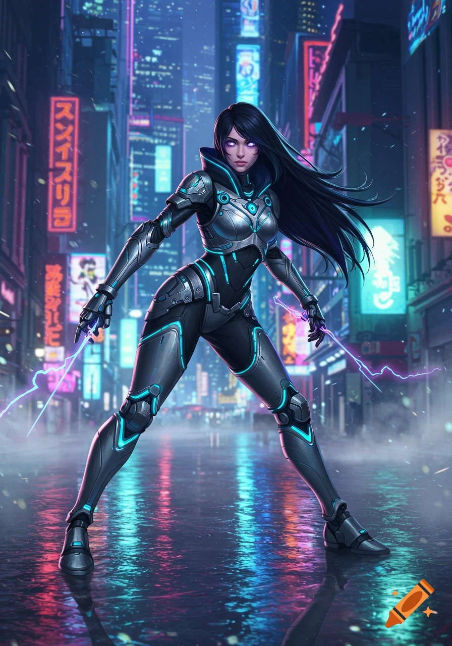 A female character in a futuristic armored suit with glowing blue accents stands in a rainy cyberpunk city with neon signs.
