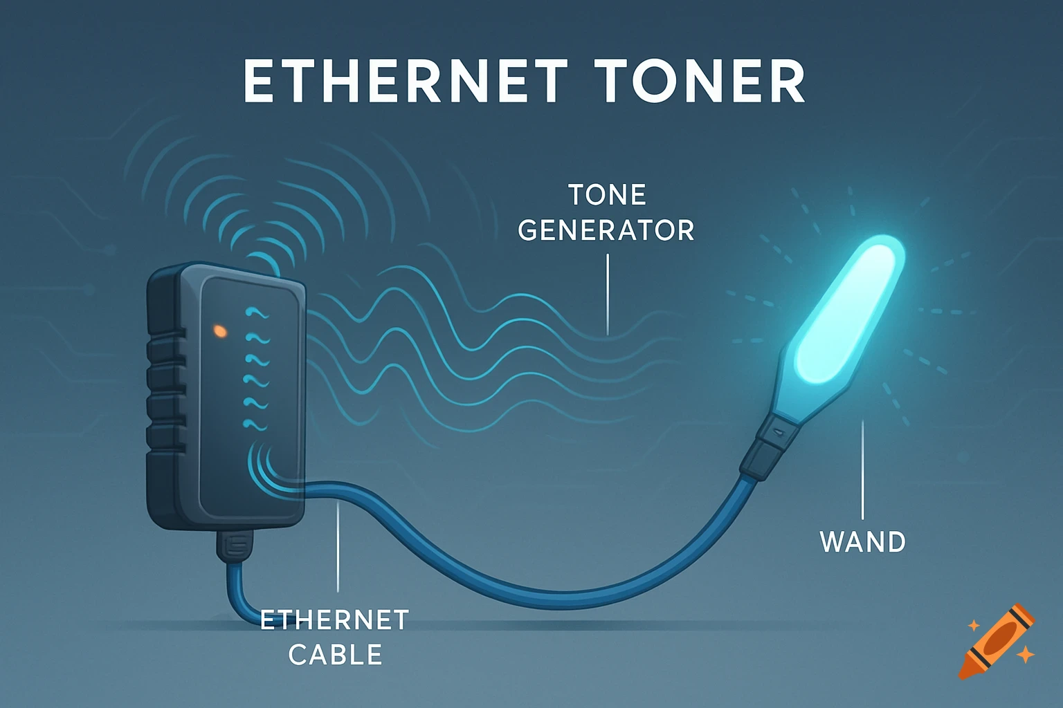 An infographic showing an 'Ethernet Toner' device, an Ethernet cable, and a glowing wand, with labels for components.