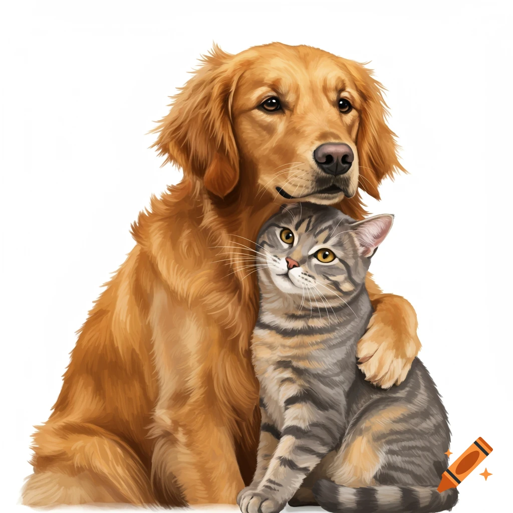 A golden retriever and a tabby cat hugging affectionately on a white background, in a painted style.