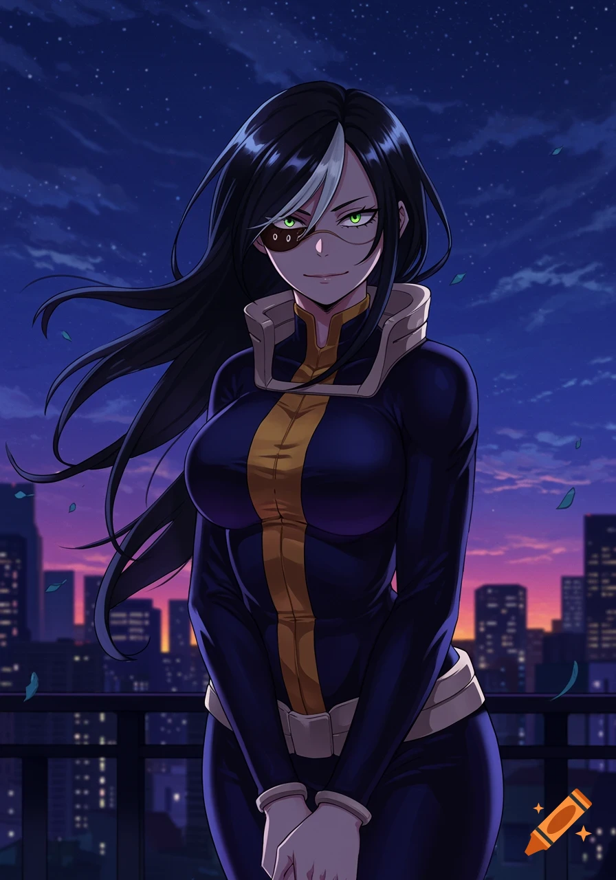 An anime character with long black hair, a white streak, and green eyes, wearing a dark blue and gold superhero suit and an eyepatch, standing on a balcony overlooking a city skyline at dusk.