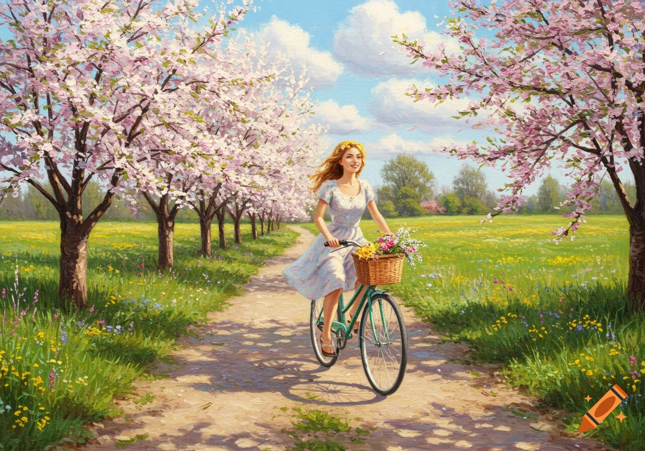 A woman on a bicycle rides down a path lined with pink cherry blossom trees in a vibrant spring landscape painting.