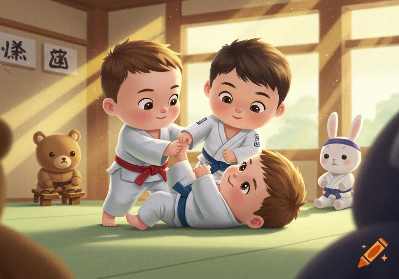 Cartoon babies in gis practicing jiu-jitsu in a dojo with stuffed animals watching.